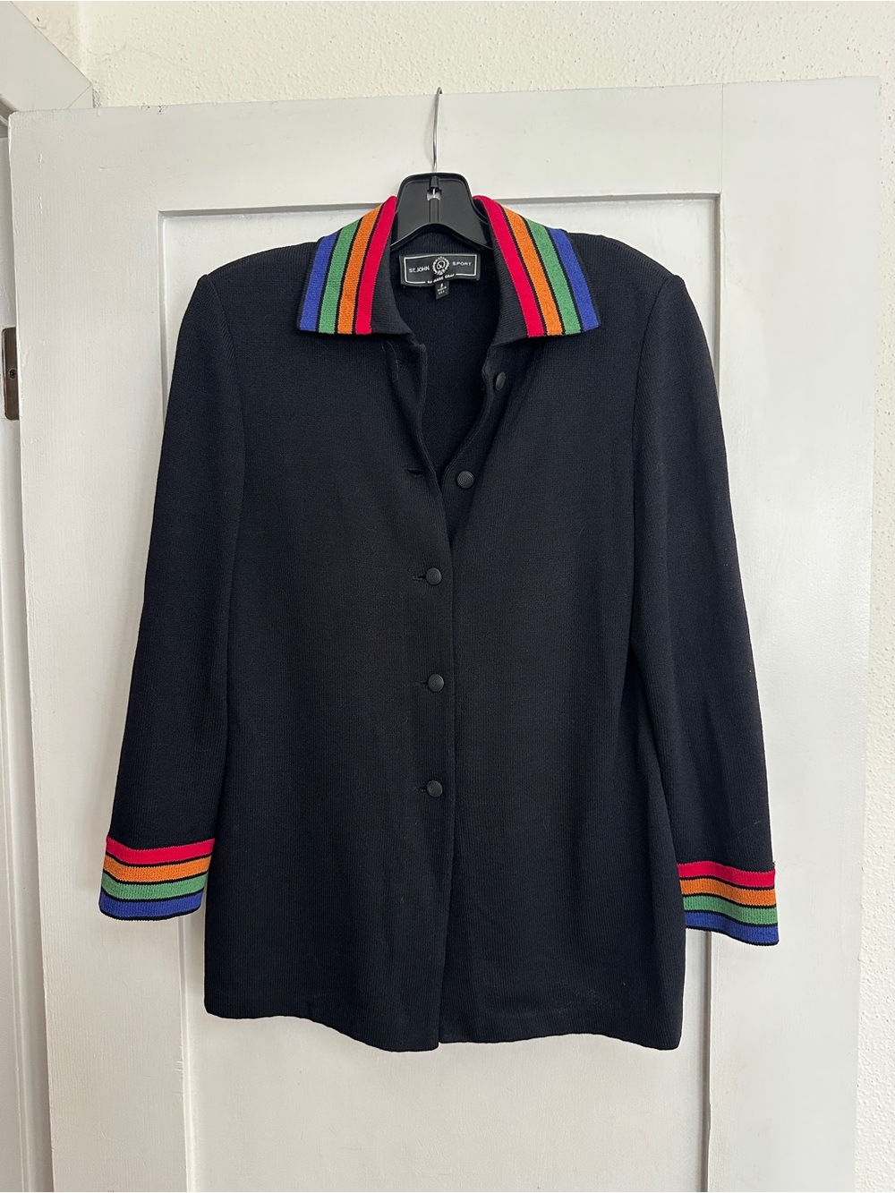 St.John Knits Black Button-Front Top with Rainbow Trim and black pants